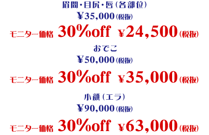 眉間・目尻・唇(各部位)、おでこ、顔 モニター価格 30%OFF